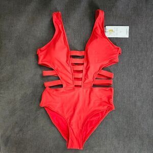 Tinibikini orange red strappy cut out one piece women's extra small XS swimsuit